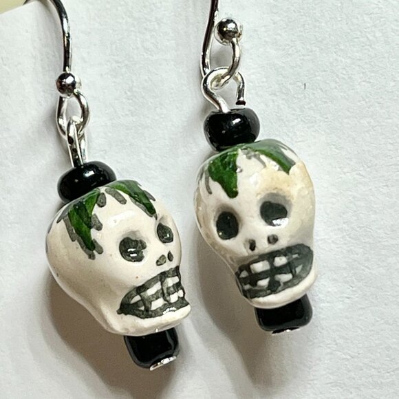Skull Earrings Ceramic Bead Skeleton Halloween Goth Gothic Dangle Silver Plated - Picture 6 of 12